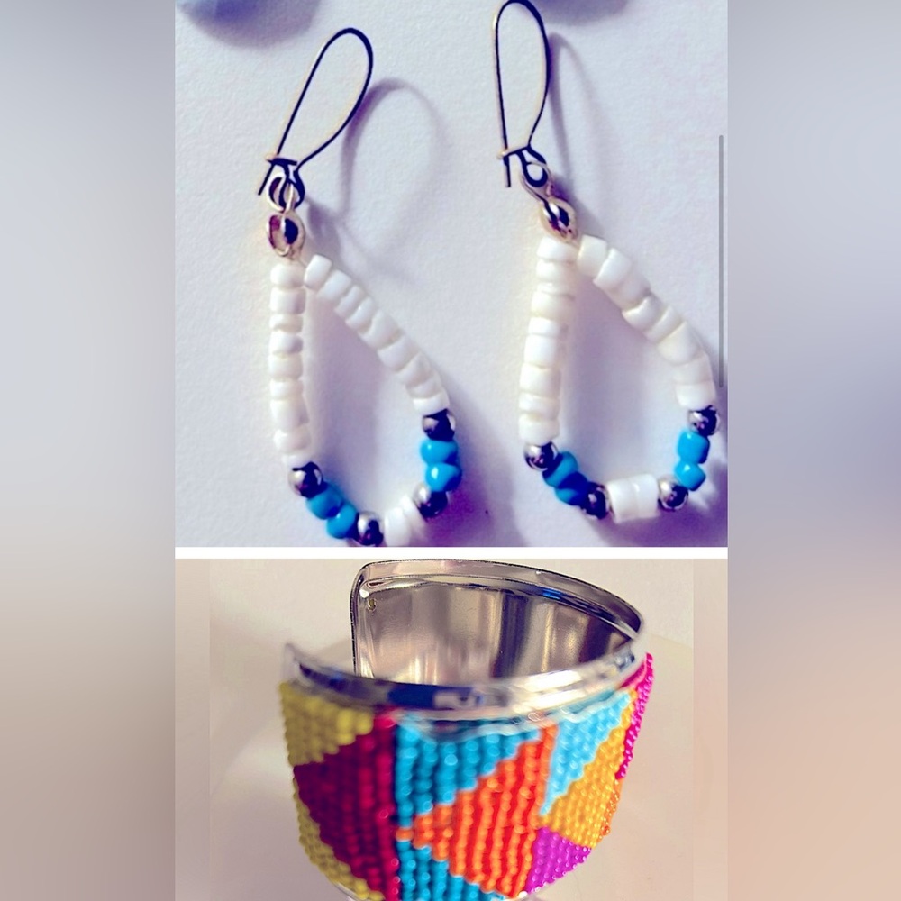 Bracelet/Earrings seed bead cuff geometric turquoise, pink, orange, yellow